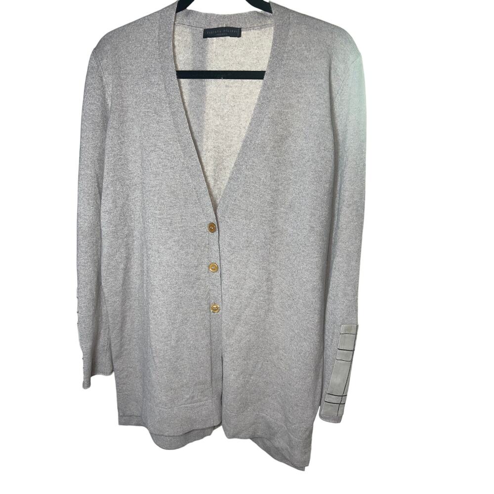 0103 Fabiana Filippi 100% Cashmere Cardigan w/ Leather Trim – Beige –‎ Size M